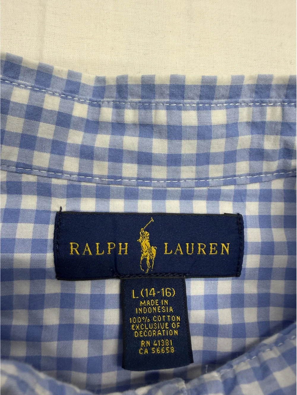 Ralph Lauren Blue and White Gingham Button-Down Shirt, Size L (14-16)